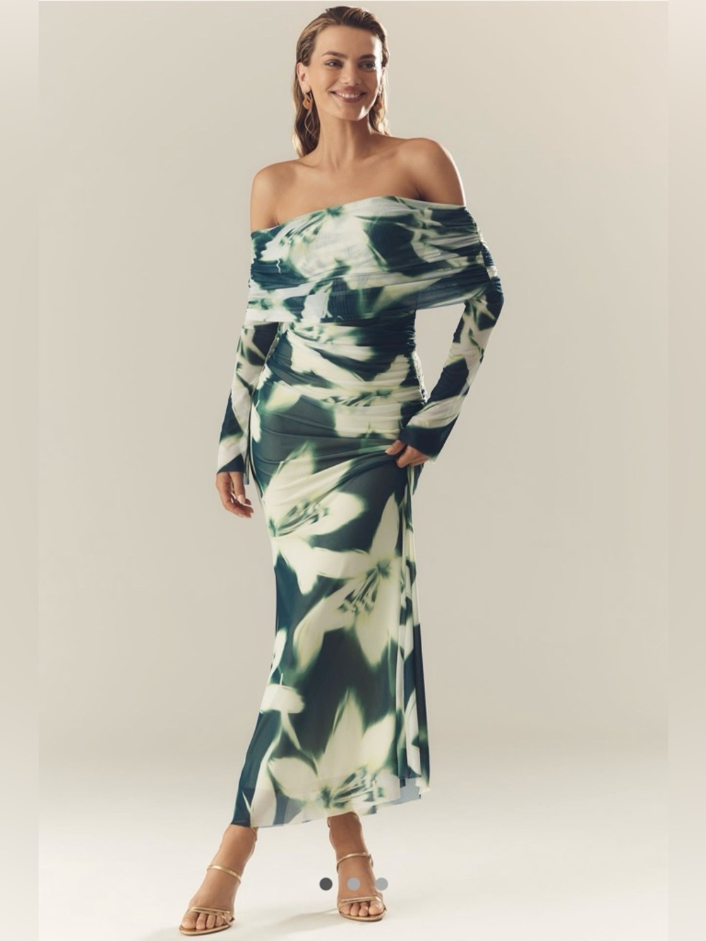 NWT Anthropologie Off-Shoulder Maxi Dress in Green and Cream Floral Print AFRM